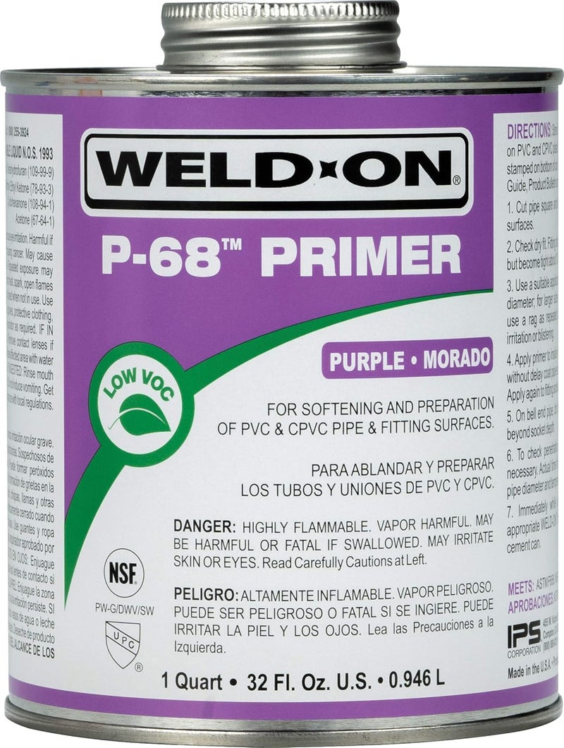IPS WELD-ON 10210 P-68 PVC/CPVC Non-Bodied Primer - Fast Acting and Low-VOC, Purple, 1 Quart (32 fl oz) - Image 1